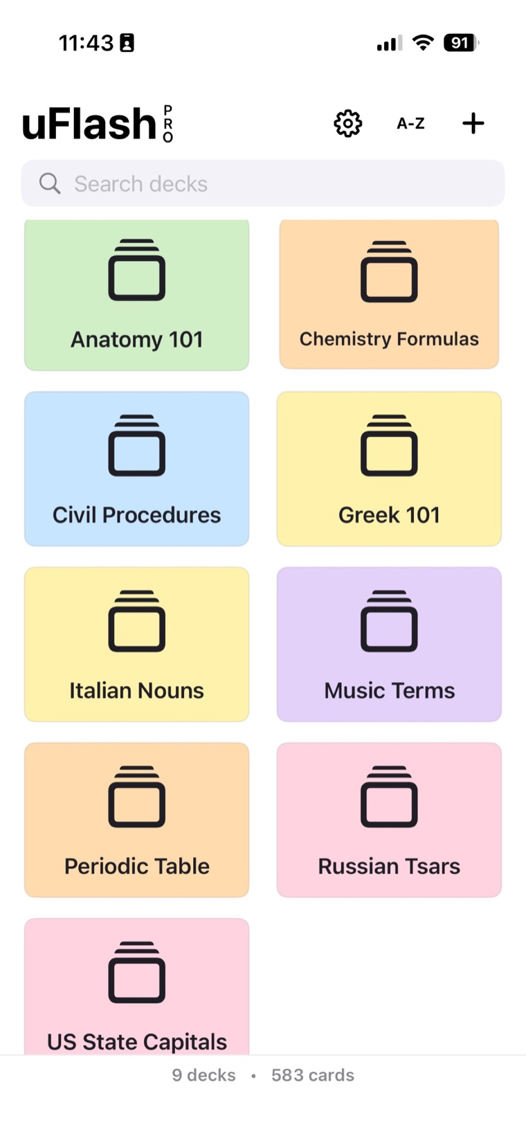 uFlash deck library organized by subject