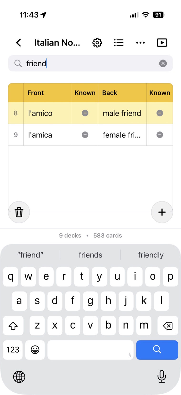 Searching for cards in an Italian nouns deck