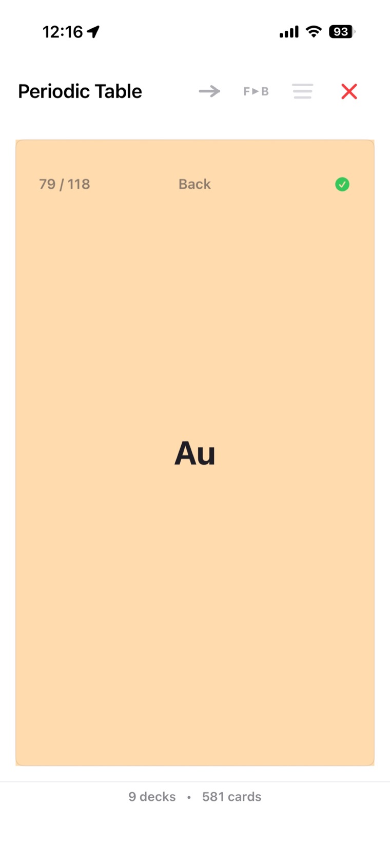 A periodic table card in uFlash study mode